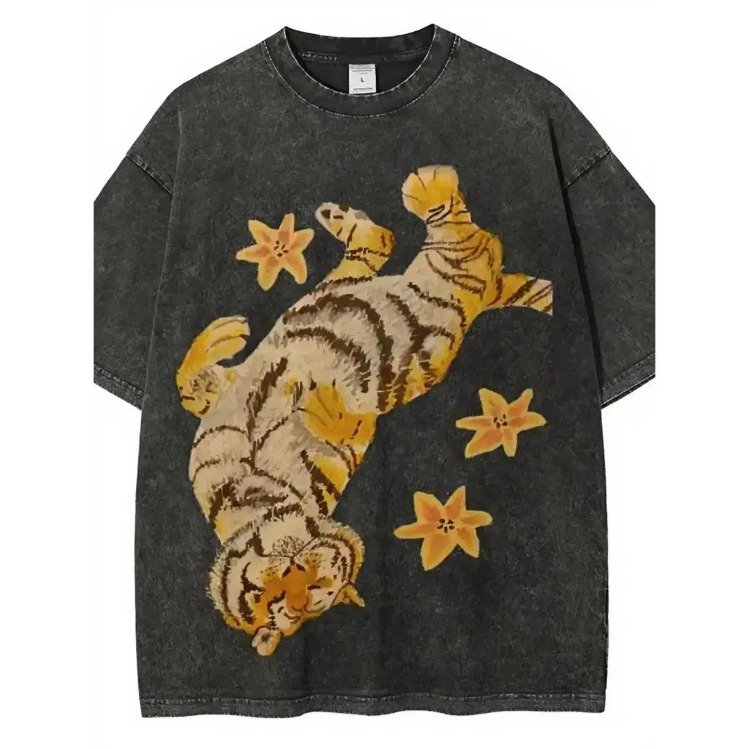 Vintage Washed Print T Shirt for Couples Featuring Tiger Pattern Star Embellishment Round Neck Short Sleeves Oversized Fit and Artistic Graphic Hem Detail 100% Cotton Printed T-shirt