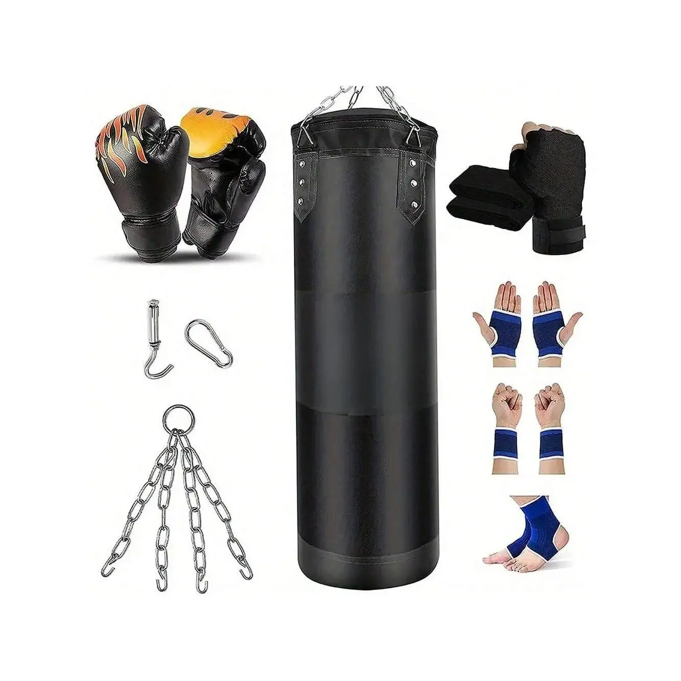 Premium Oxford Canvas Unfilled Heavy Punching Bag Set for Adults - MMA Training, Kickboxing Set, Shock Absorption, Zipper Access, Gloves, Wraps, Chain, Ceiling Mount Hook, Home Gym Equipment, 120Cm, Zip‑Fill Top