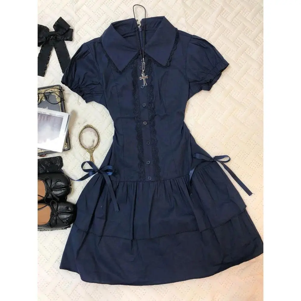 Vintage Preppy Style Blue Dress Bowknot Lace Accents Retro Design Slim Fitting Solid Color Casual Short Sleeve Mini Dresses