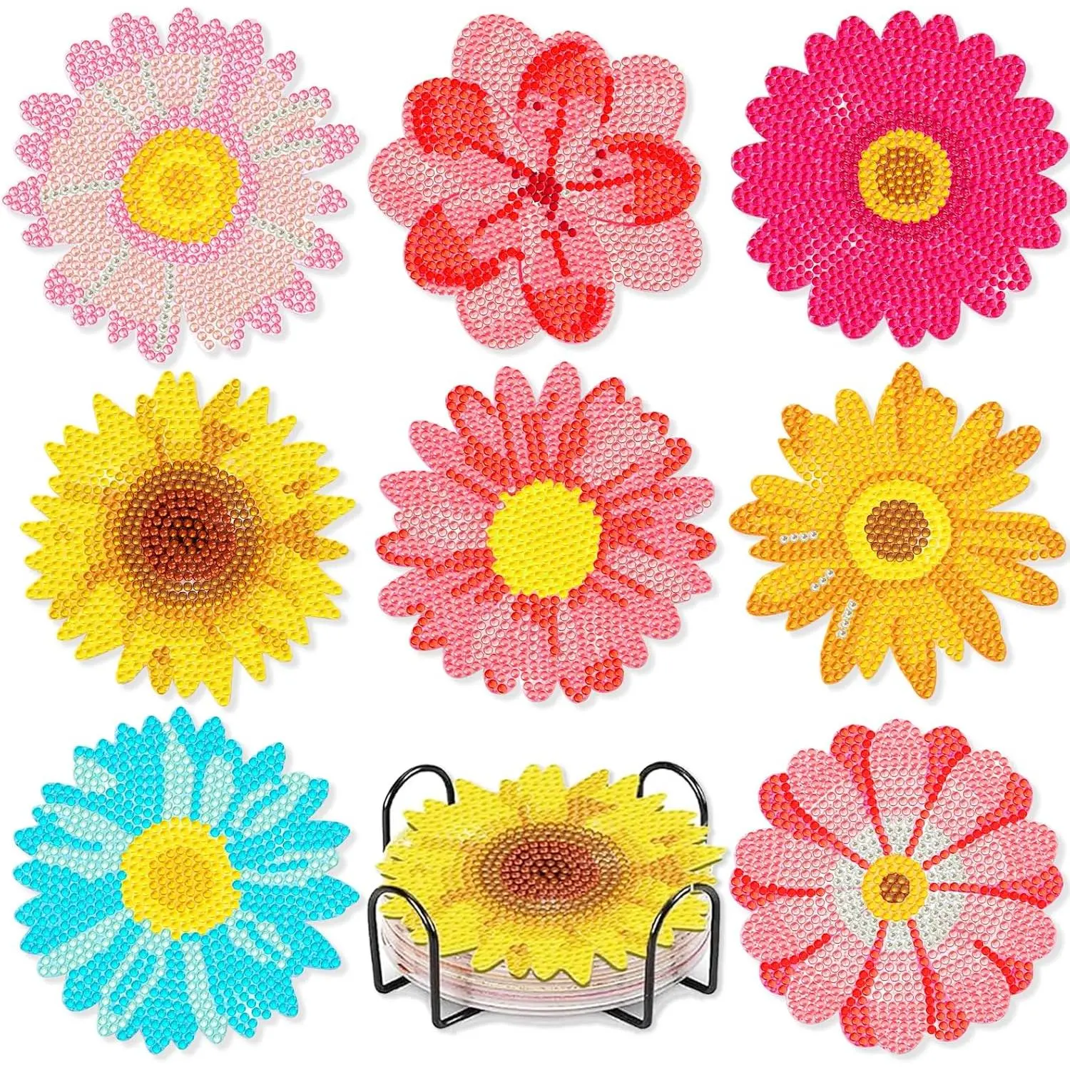 8PCS Flower Diamond Art Coasters Small Diamond Painting Kits for Adults Beginners Women Gem Art Coasters with Holder Funny DIY Crafts for Home Decor