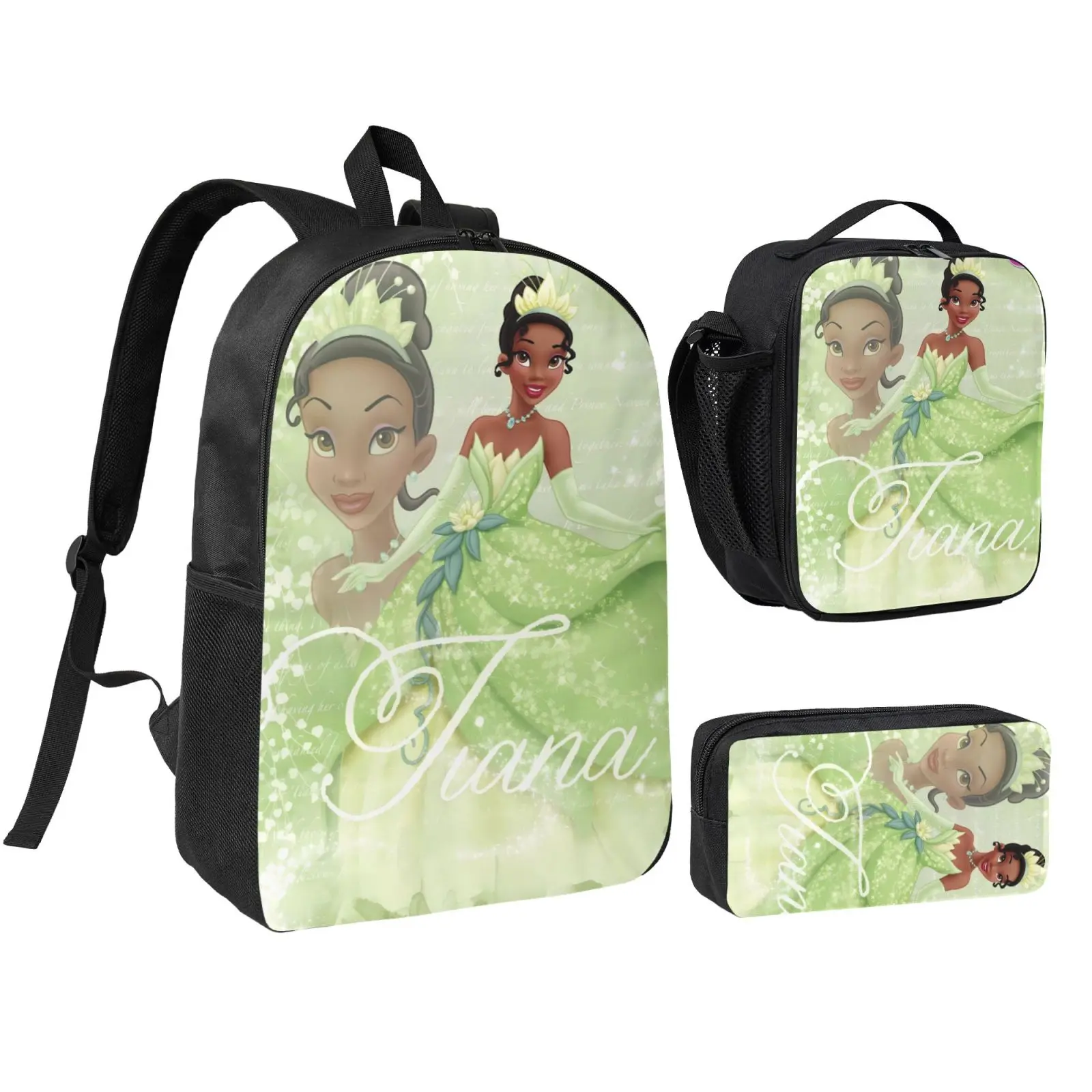Unisex Princess Tiana2 3Pcs Anime Backpack Set for Teen Boys Girls, Adjustable Strap School Bookbag with Insulated Lunch Bag & Pencil Case, Lightweight Daypack for School Travel Office