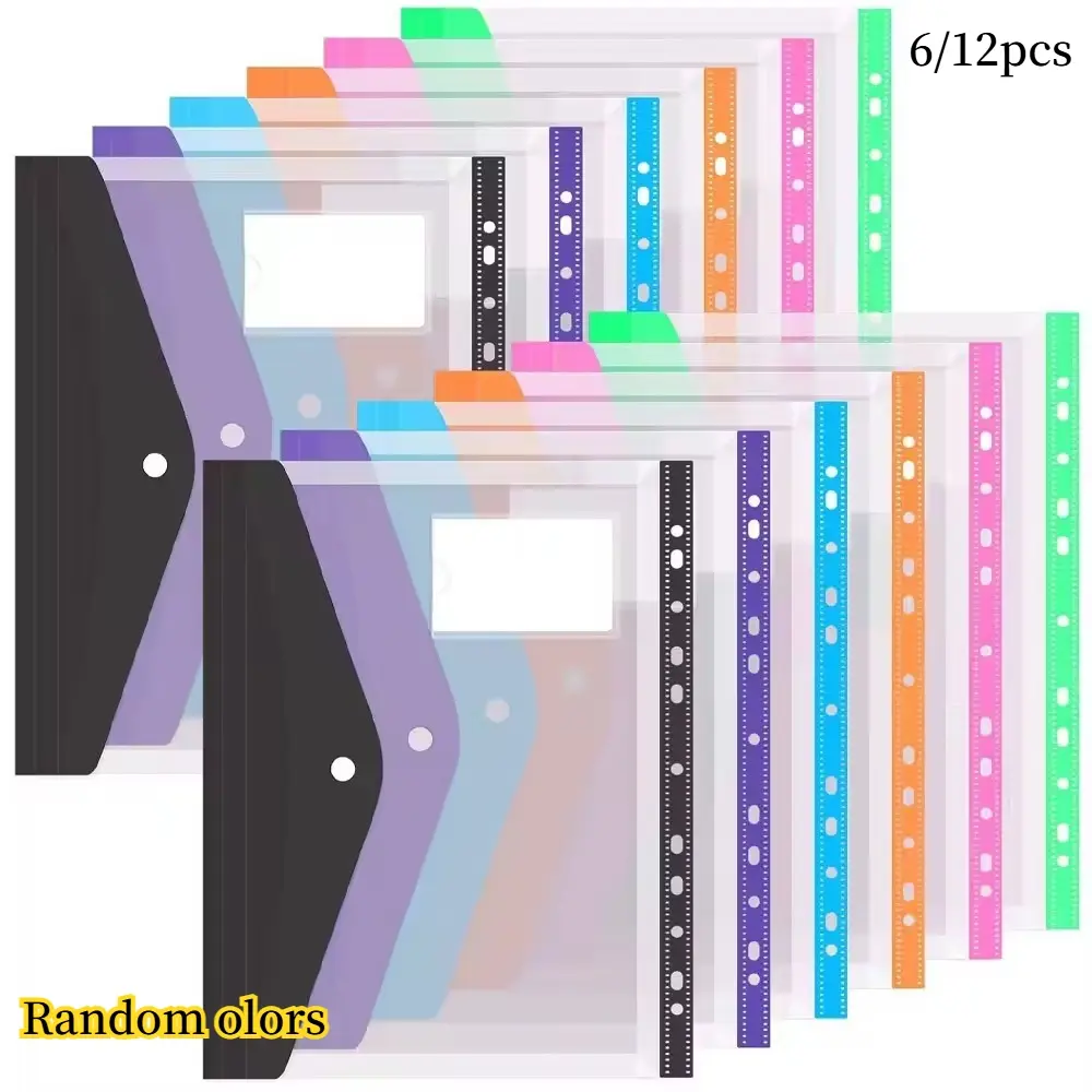 6/12Pcs Expandable A4 File Pouch, 11-Hole Punched with Snap Button Closure, Durable Polypropylene Document Holder, Multi-use Folder for School, Office & Travel, Random Colors