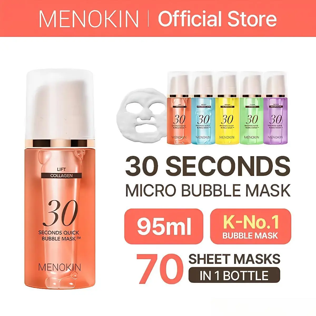[MENOKIN] 30 Seconds Micro-Bubble Mask, Korean Glass Skin Care Essential, 70 Uses, 3.21 fl.oz, Turkey Neck, Zempic Neck, Tech Neck, Smoker Lines, Smile Lines, 11 Lines, Under-eye Hollows, Forehead Lines, Micro-Bubble Primer Capsule Daily Olive Sheet