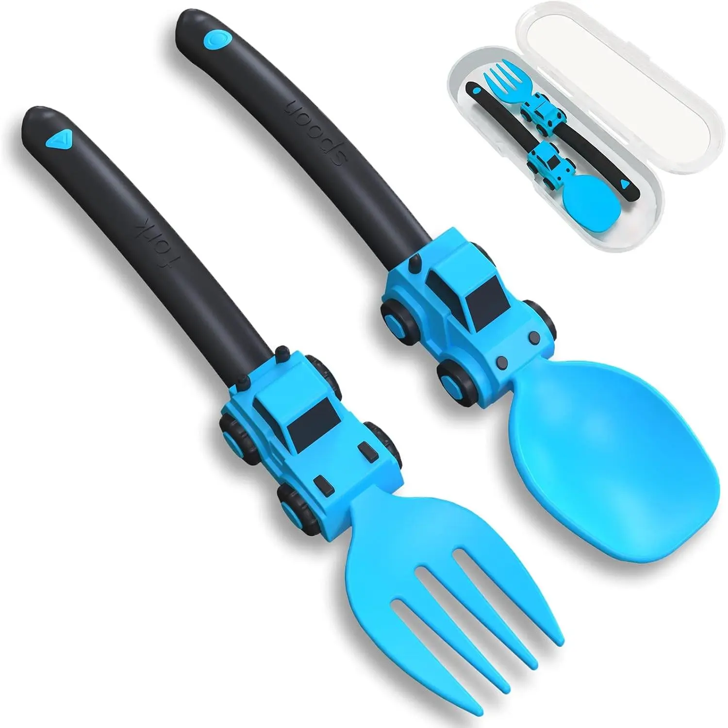 Construction Theme Toddler Plastic Utensils Set - Truck Shape Kids' Silverware (Forks, Spoons) with LED Plates - Christmas/Birthday Gift for 1-5 Year Olds, Blue New Model