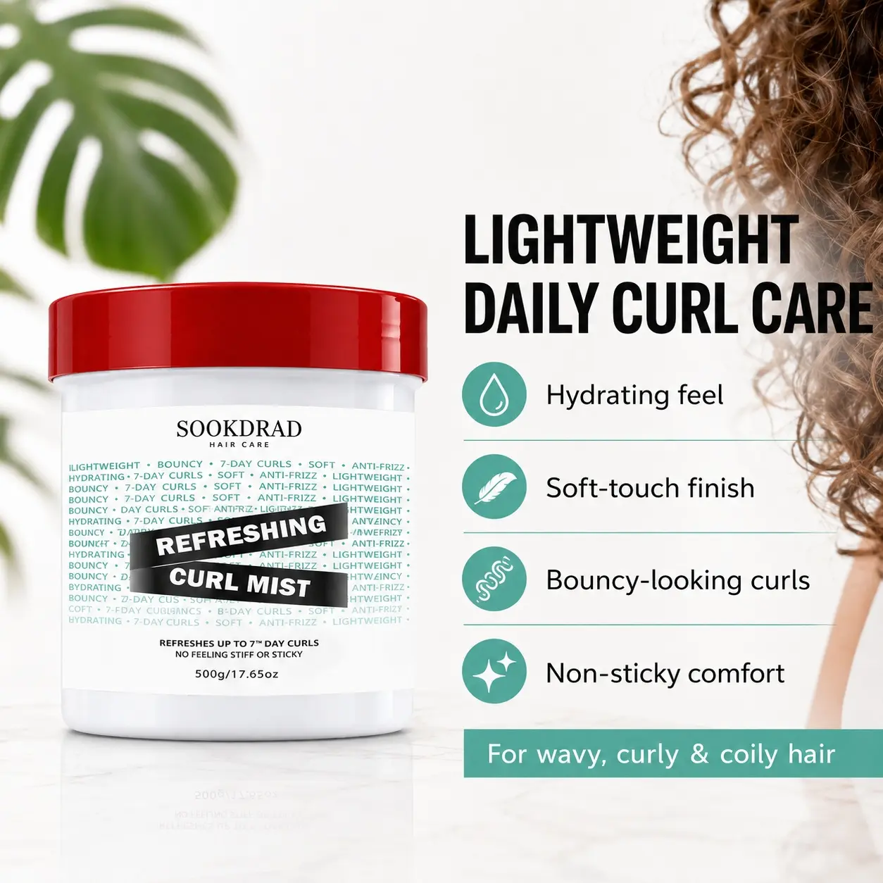 Refreshing Curl Mist, Anti-Frizz, Bouncy, 7th Day Curl Refresh, Lightweight, Soft, Hydrating, Non-Sticky, For Curly Hair, 500g