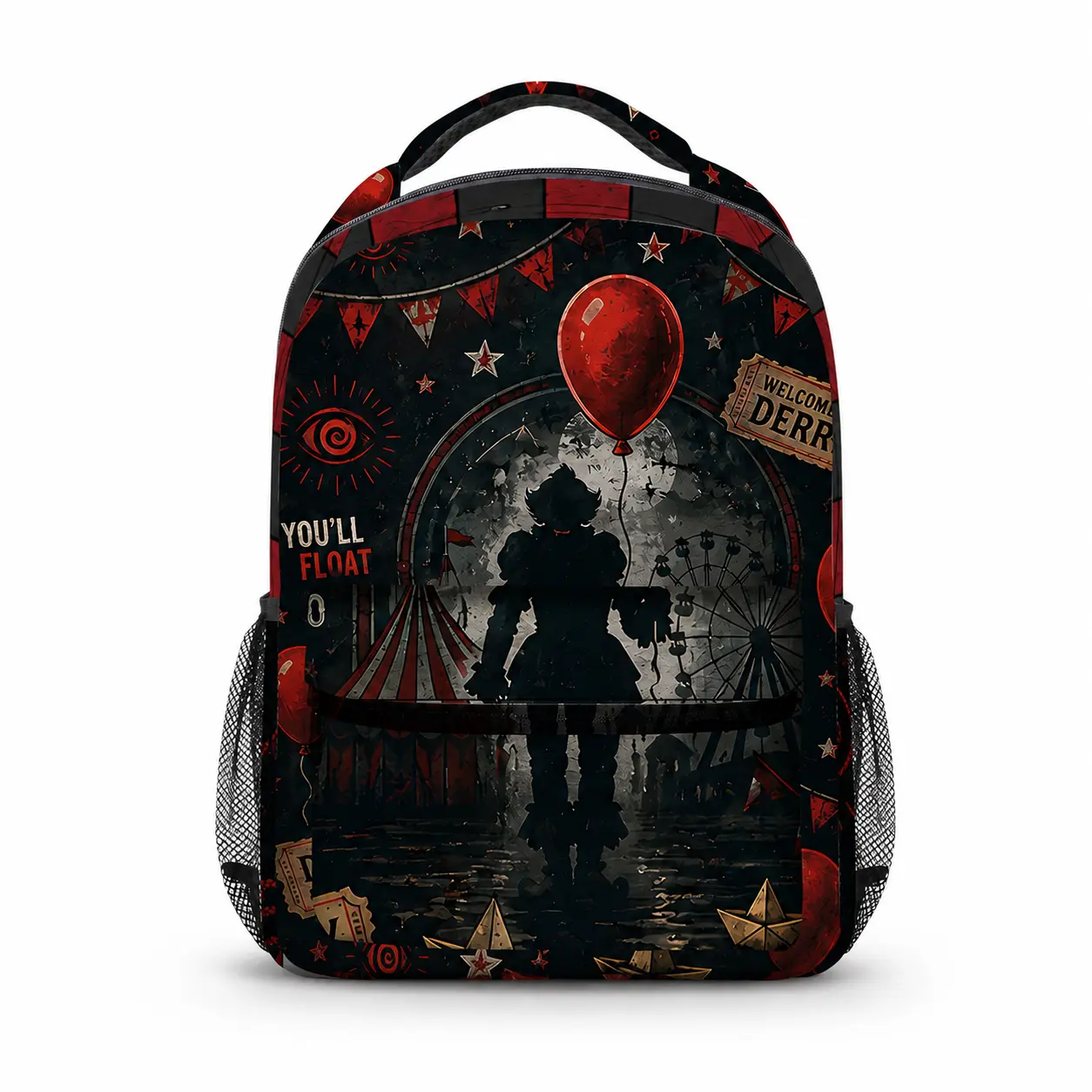 IT Movie Red Balloon Horror Backpack, Derry Gothic Graphic School Bookbag with Front Zipper Pocket and Side Mesh Pockets for Teens Adults Halloween