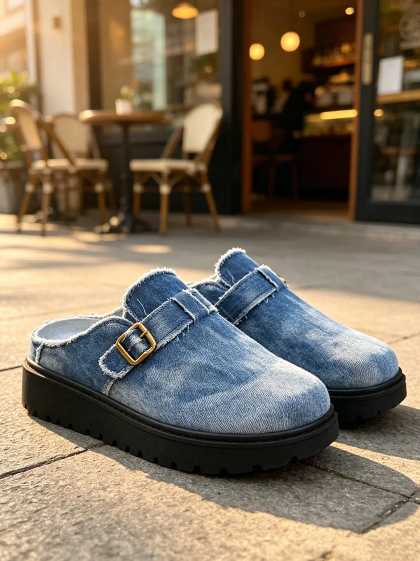 Summer Men's Vintage Light Wash Denim Slip-On Sandals, Washed Edge, Adjustable Buckle, Soft Breathable, Casual Indoor Outdoor, Retro Comfort Shoes, Slides
