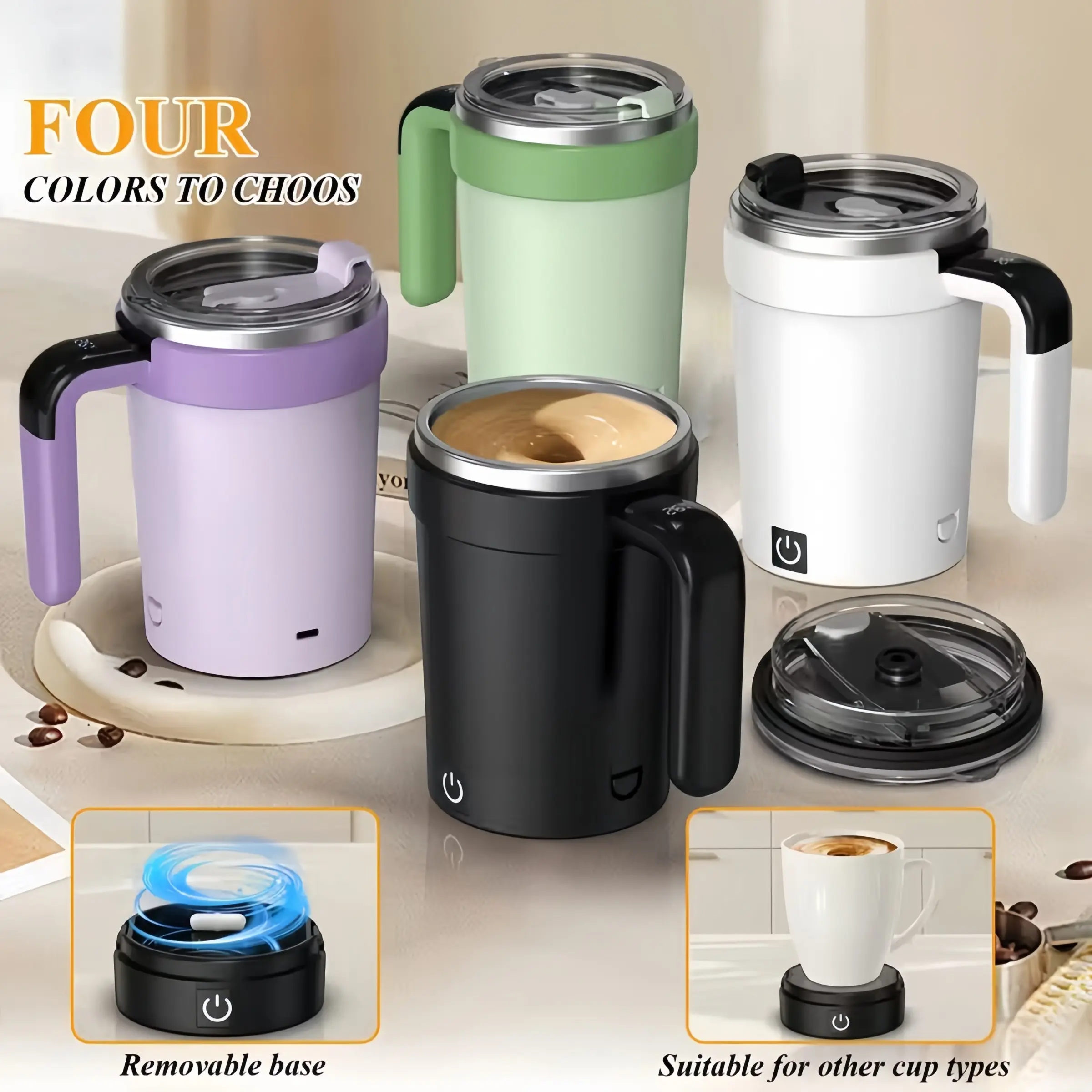 Detachable automatic stirring cup, magnetic self-mixing coffee cup with temperature display and straw, detachable base, suitable for various containers, travel insulated car cup, Travel Coffee Mugs, off-white, Usb Rechargeable Mug