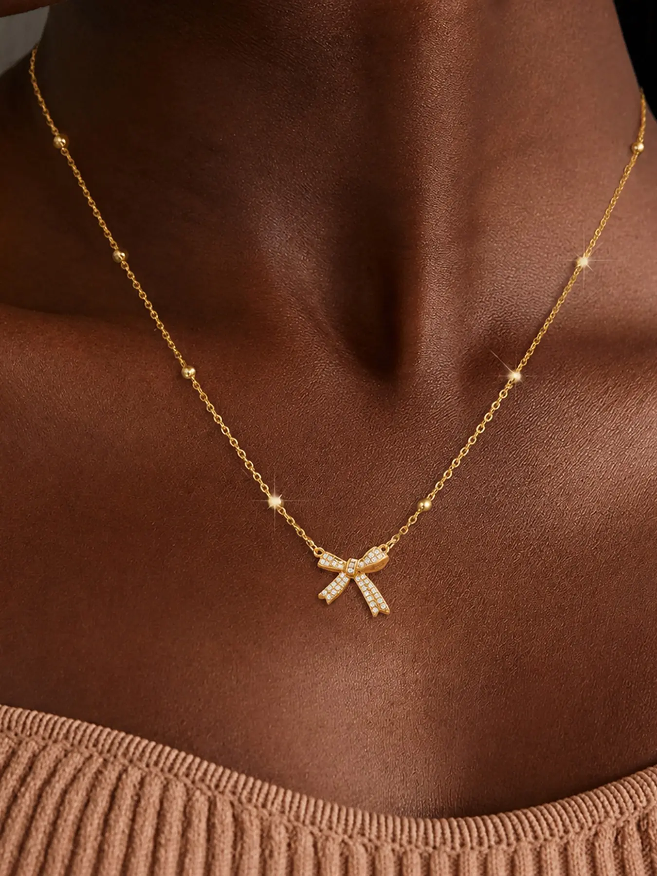 Elegant Bowknot Pendant Necklace, Silver Color Zirconia Design, Stainless Steel Chain, Women's Fashion Jewelry