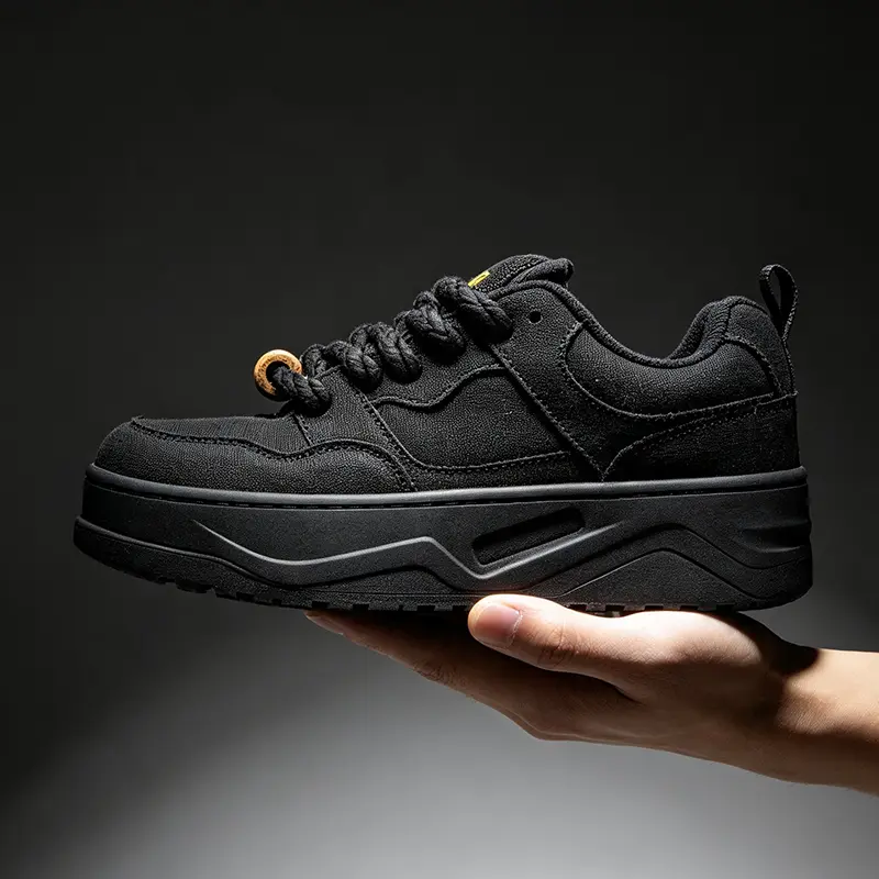 Y2K Retro Dark Aesthetic All Black Chunky Bread Skate Shoes Extra Thick Twisted Rope Laces Natural Cork Detail Gold Small Tag Platform Sneakers Unisex Trend Casual Footwear for Street Content Shooting Weekend Hangouts