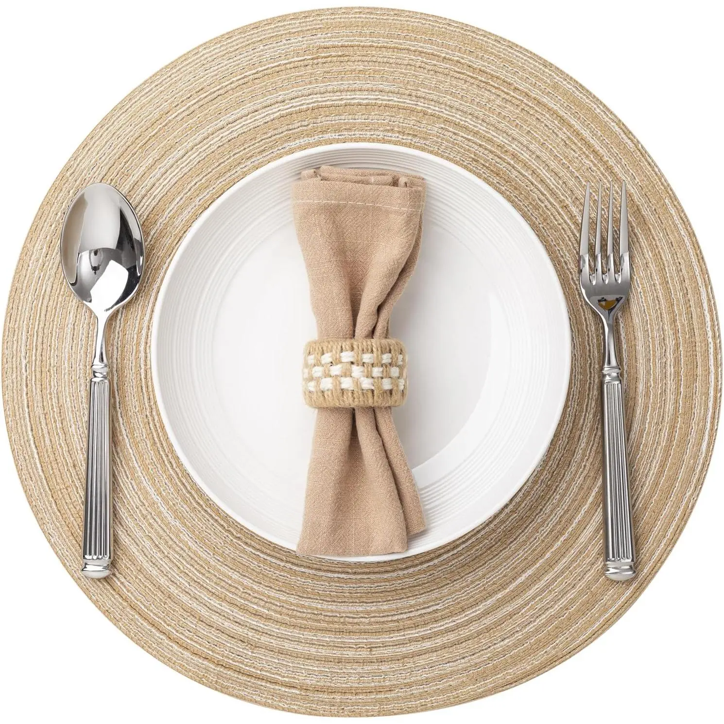 Beige Aesthetic Thick Round Placemats, 6-Piece Woven Set, Washable Braided Table Mats for Dining Table, Heat-Resistant, Non-Slip