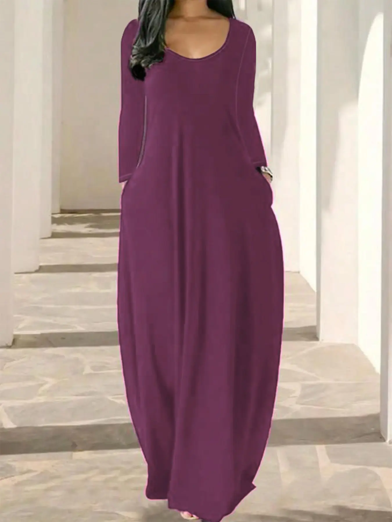 Women Solid Color Maxi Dress, Long Sleeve Loose Fit Loungewear, Fall Winter Wear, Side Pockets, Soft Comfort Fabric, Casual Home Dress