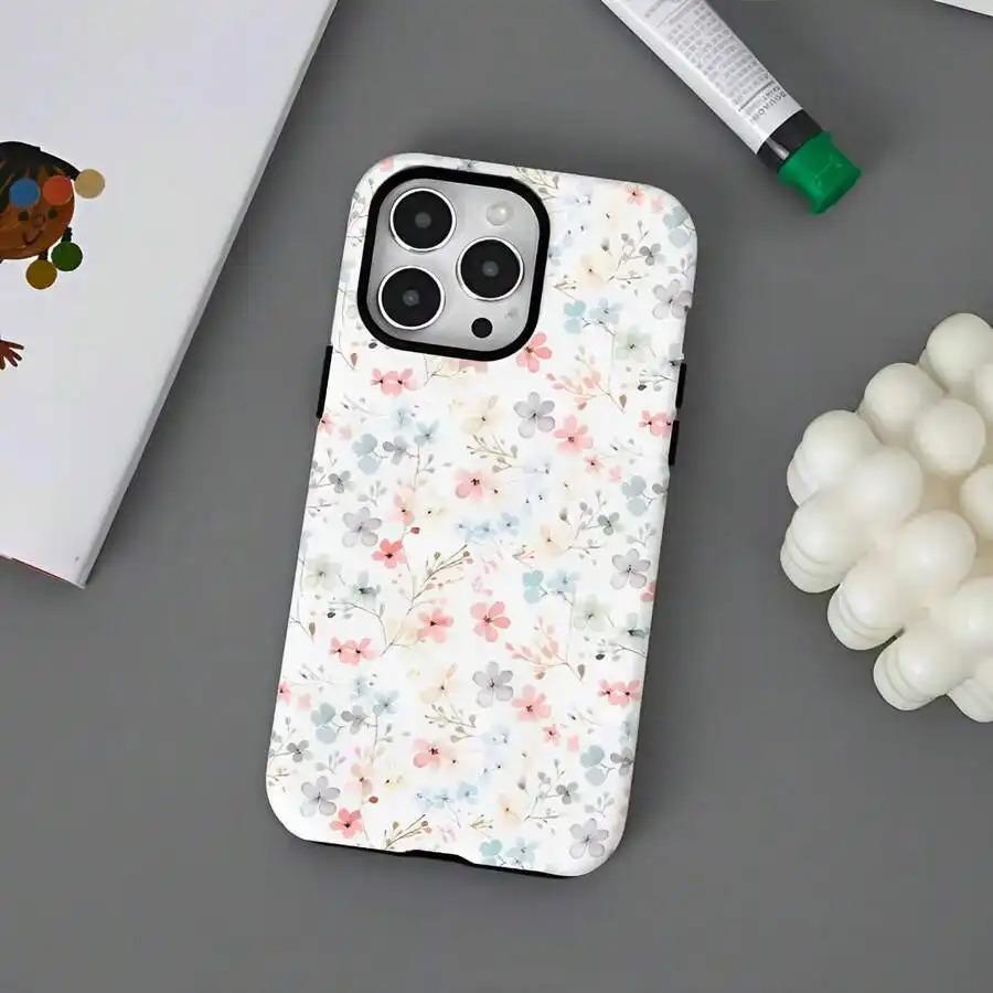 Light Pink And Light Blue Small Floral Patterns Two-In-One Texture Phone Case Suitable For Compatible With Iphone16, 15, 14, 13, 12, 11, PRO MAX,PLUS,As Well As , Galaxy Compatible with Samsung Galaxy S25