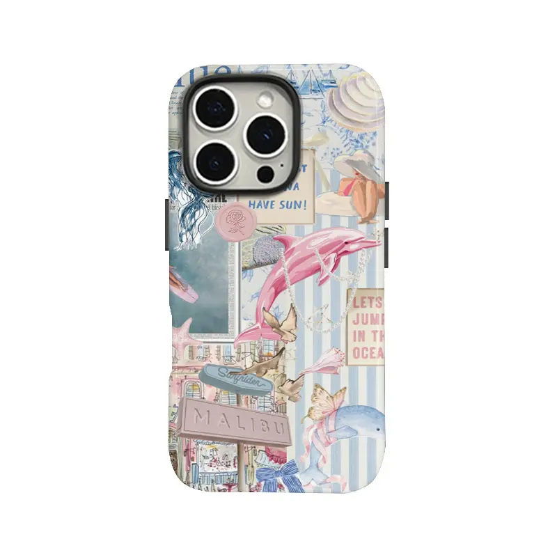 Pink dolphin collage-style phone case featuring a durable, shock-absorbing, glossy 2-in-1 design; compatible with iPhone (17 through X series), Samsung, and other models-an ideal holiday gift for friends or family.