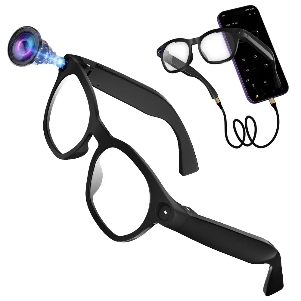 Bluetooth Multifunctional Smart Glasses with Camera, 8MP Camera,Hands-free Video Recording, 4GB Memory (No TF Card Need), Build-in Mic & Speakers, Bluetooth Calling, AI Real Time Translation, WiFi Transfer, 2 Lenses Total (Transparent +Black)