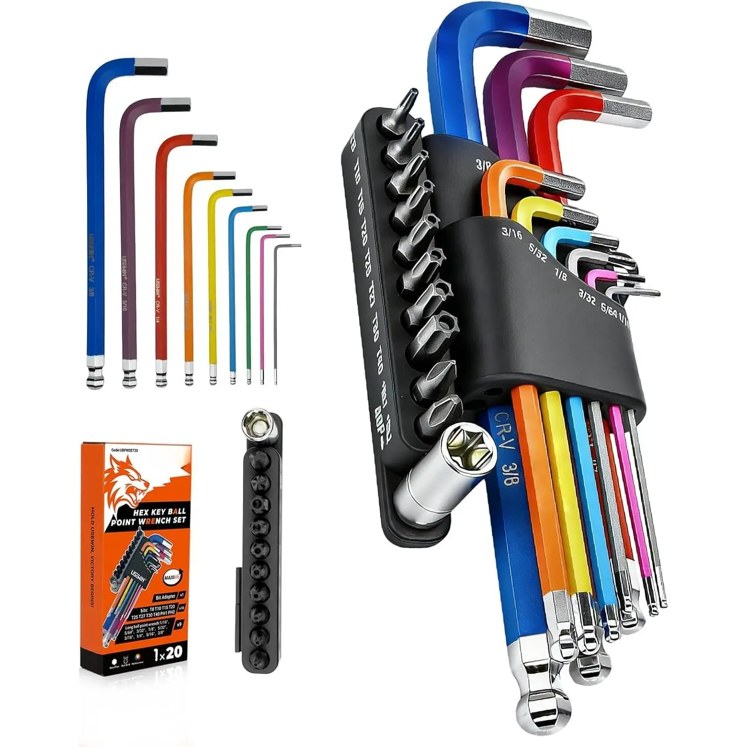 Hex Key Set 20 count Allen Wrenches Sets SAE Allen Key Set with Ball End Allen Key Set with Bits with Adapter Allen Wrench Set for  DIY  Repairs