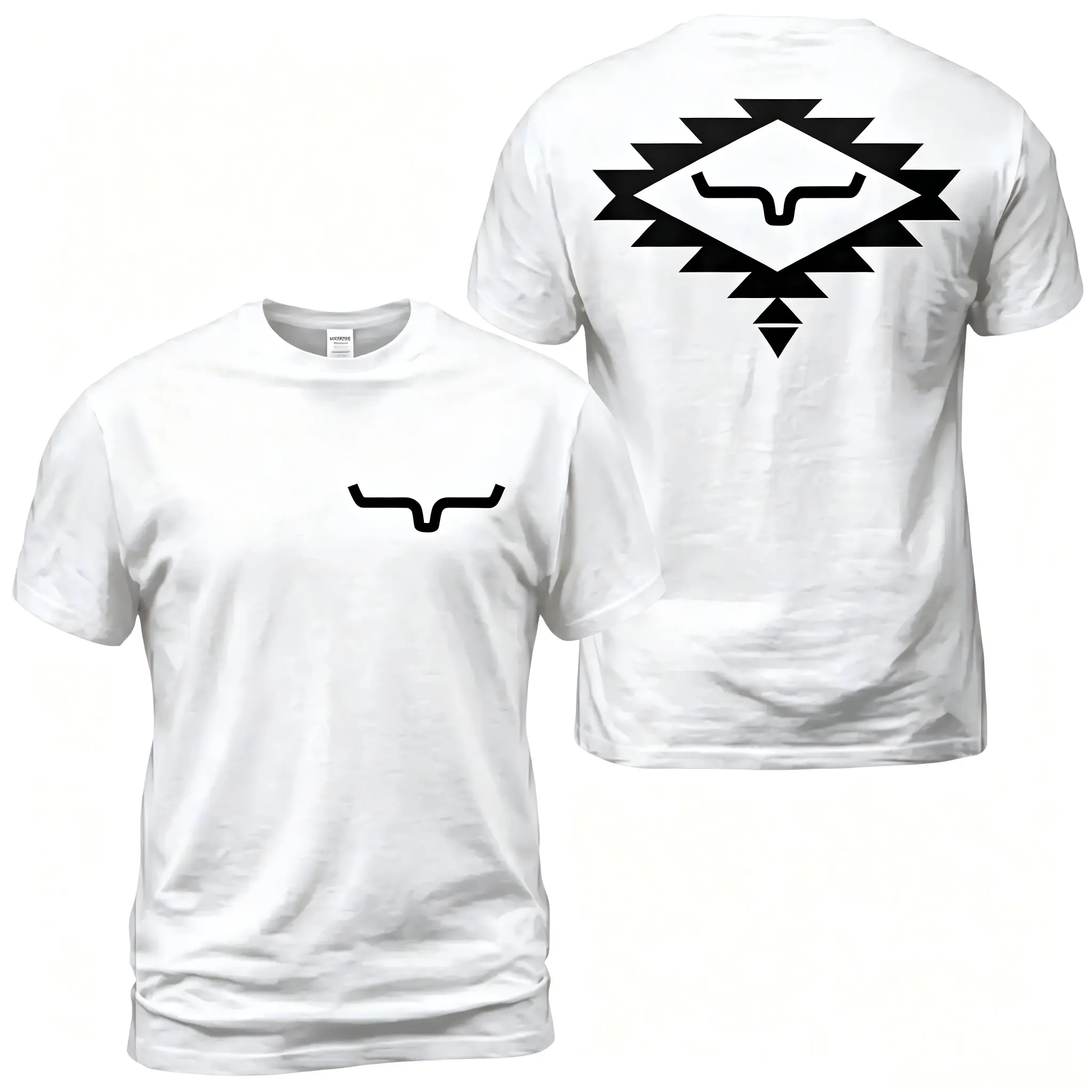 Kimes Ranch Aztec Horn Logo Multi-Size T-Shirt - Western Tribal Graphic, White Geometric Back Print, Front Chest Horn Emblem, Soft Cotton Ranch Casual Outfit Gift For Men