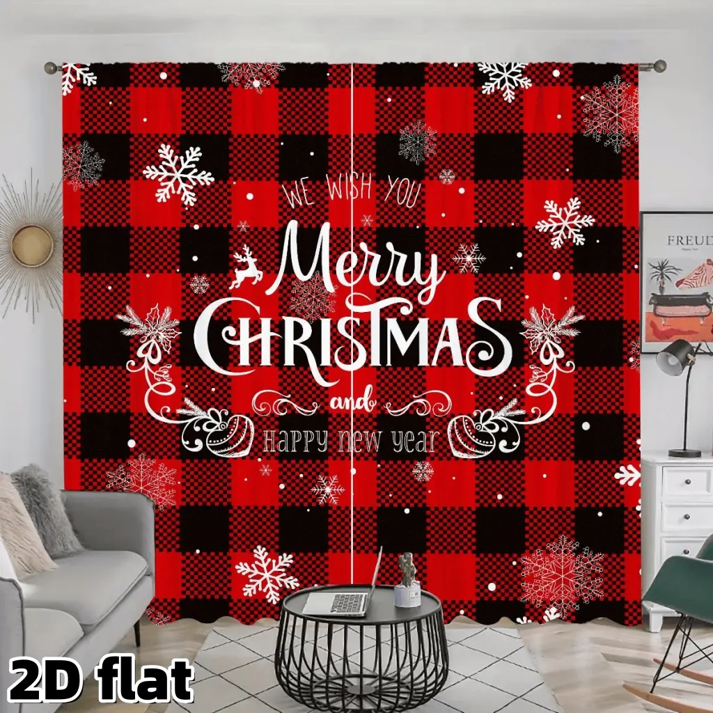 2D Flat 2Pcs Buffalo Plaid Christmas Curtains, Red Black Checkered Pattern with Snowflakes, Merry Happy New Year Printed Decor, Rod Pocket Design, Semi Sunshade Polyester Fabric, Suitable for Living Room Bedroom Kitchen Window Decoration,