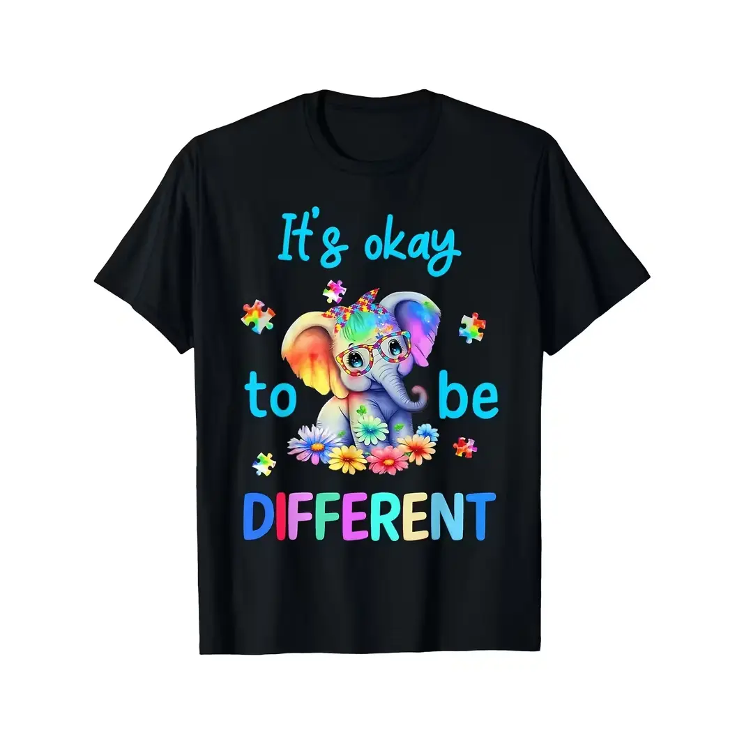 It's Okay To Be Different Rainbow Elephant Autism Puzzle Graphic Oversized Comfort Cotton T Shirt, Kindness Awareness Fashion Outfit, Best Valentine World Autism Day Birthday Gift For Him Her Kid Family Friend Present