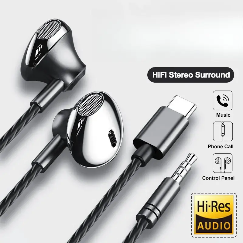 USB Type C Headphone HiFi Bass Stereo Volume Control Mic 3.5mm Wired Earbuds For Galaxy S24 S23 S22 S21 Ultra iPhone 15 Pro Max