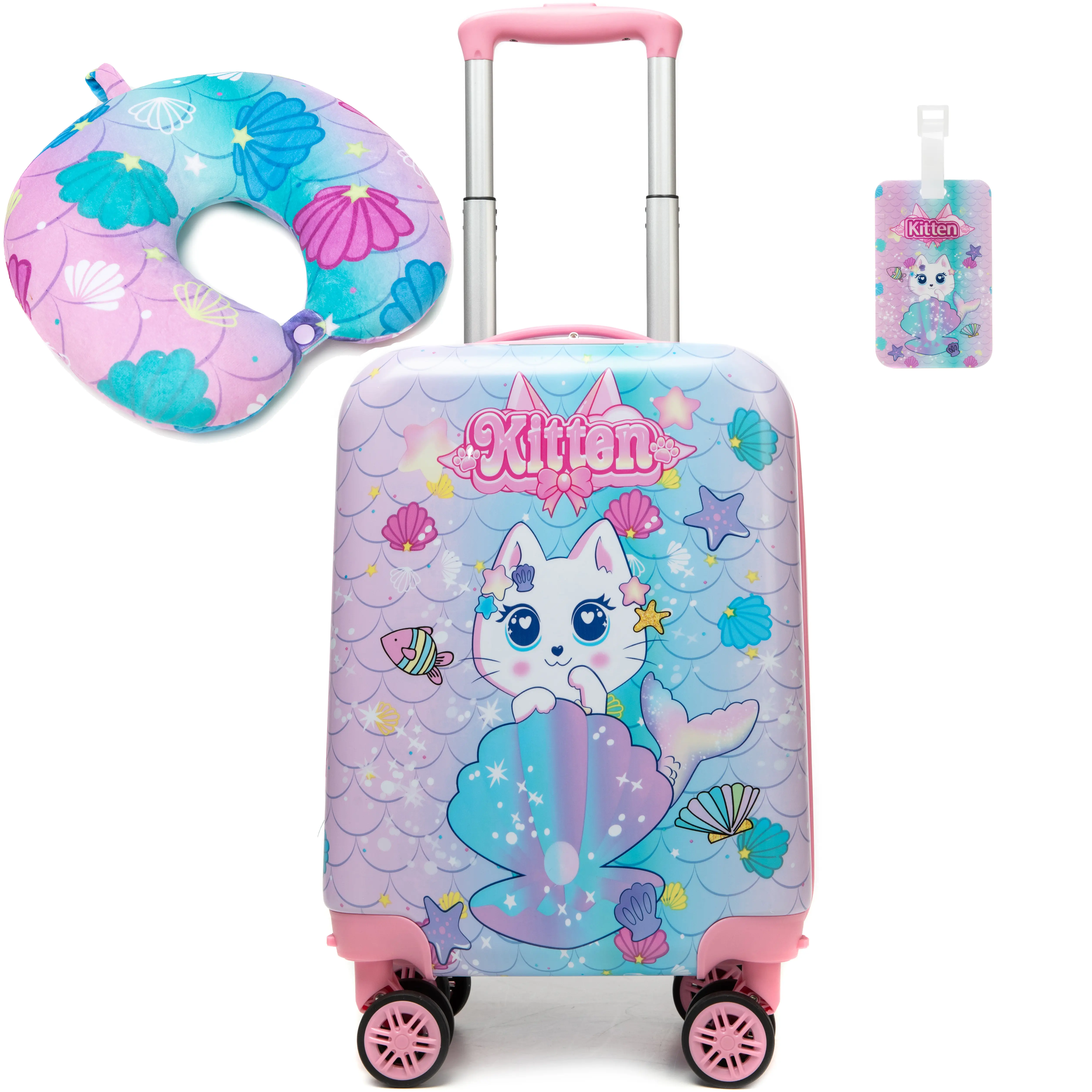 Kids Spinner Luggage Set - Waterproof ABS Hard Shell Suitcase with Spinner Wheels, Multi-Compartment Design, Travel Neck Pillow, Luggage Tag, Kitten Theme & Mermaid Motif Trolley Case for Girls