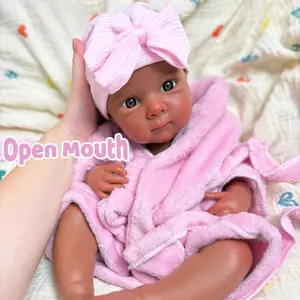 Otarddolls Bettie 18in Dark Skin Silicone Reborn Girl Doll, Washable Open Mouth, Hand Painted Texture, Pink Bathrobe, Holiday & Birthday Gift