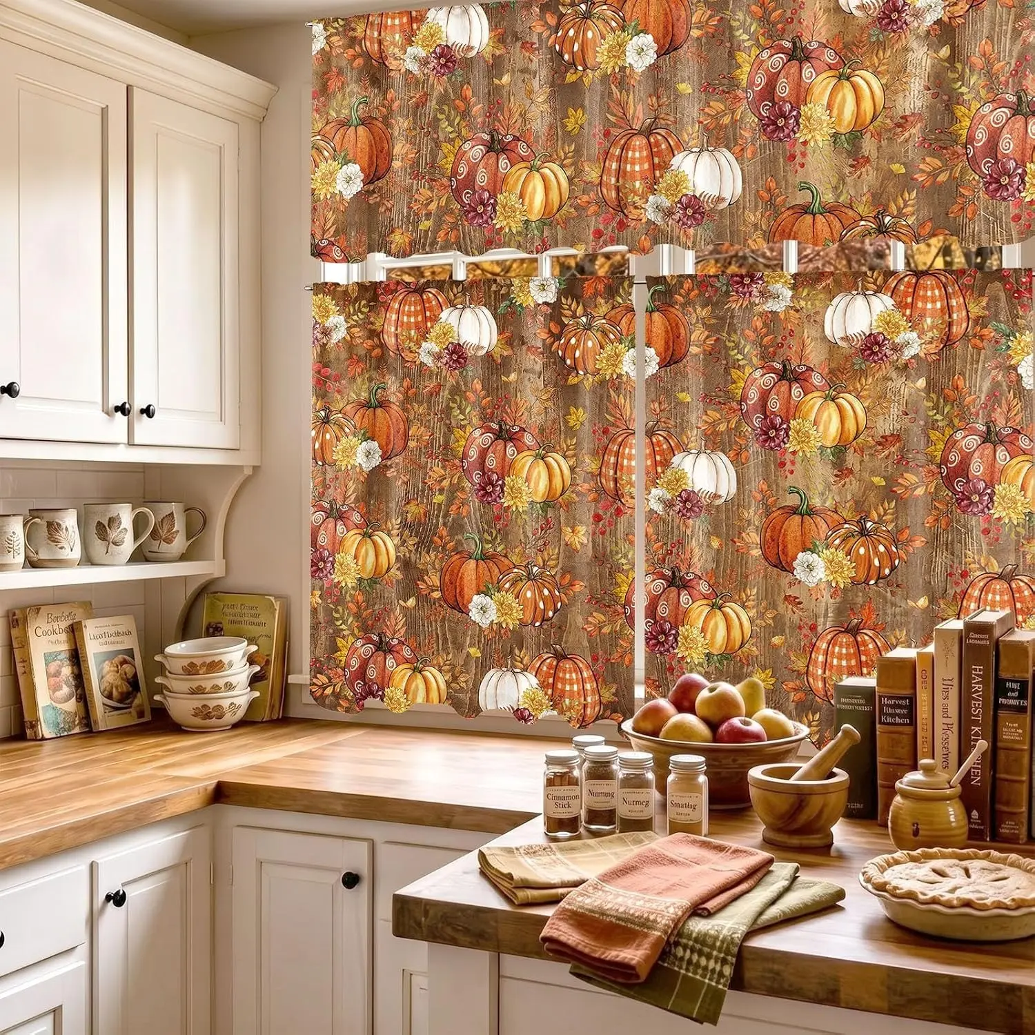 3 Pcs Fall Pumpkin Kitchen Curtains Valances and Tiers Set for Windows, Rustic Autumn Harvest Short Curtain Set for Bedroom Window Party Decor