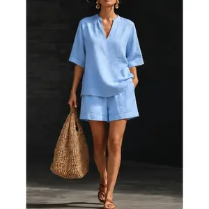 Women's Linen Breathable Short 2 Piece Set, Casual Vacation, Loose Fit Matching Lounge Set, Summer Beach Resort Wear for Travel