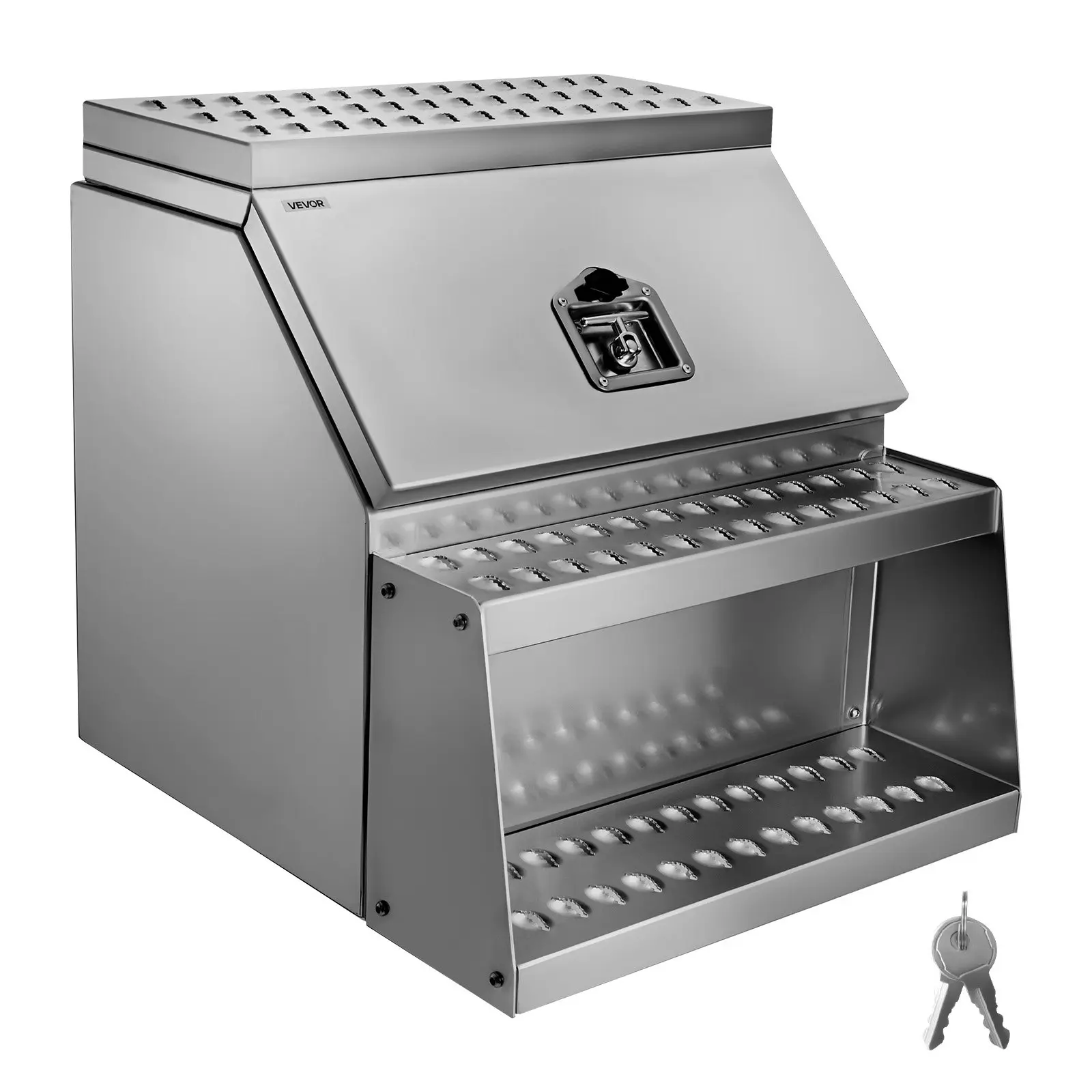 【DealsForYouDays】VEVOR Heavy Duty Aluminum Side Mount Step Tool Box, 24x27.5x25.4in Waterproof Saddle Box with T-Handle Lock, Keys, Antislip Plates for Flatbed Trucks, Step Box