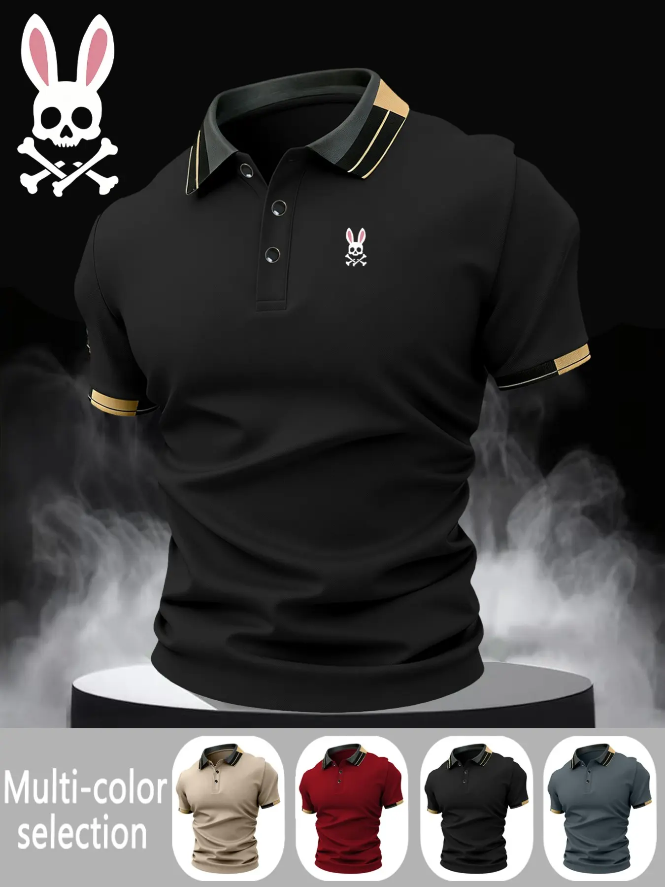 Men's Skull Rabbit Print Collared Polo Shirt, Elastic Casual Breathable Summer Polos Four Seasons Wear, Comfortable Durable High-End Polo Top, Casual Polo Shirts