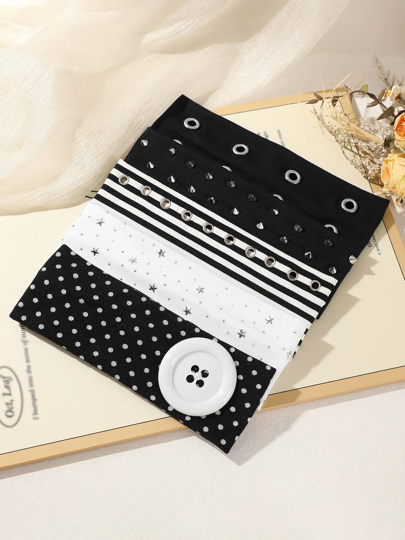 5pcs Subculture Punk Headbands for Women, Eyelet Buckle Rivet Polka Dot Button Elastic Hair Bands, Sports Sweat Absorbing Hair Accessories, Workout Headbands