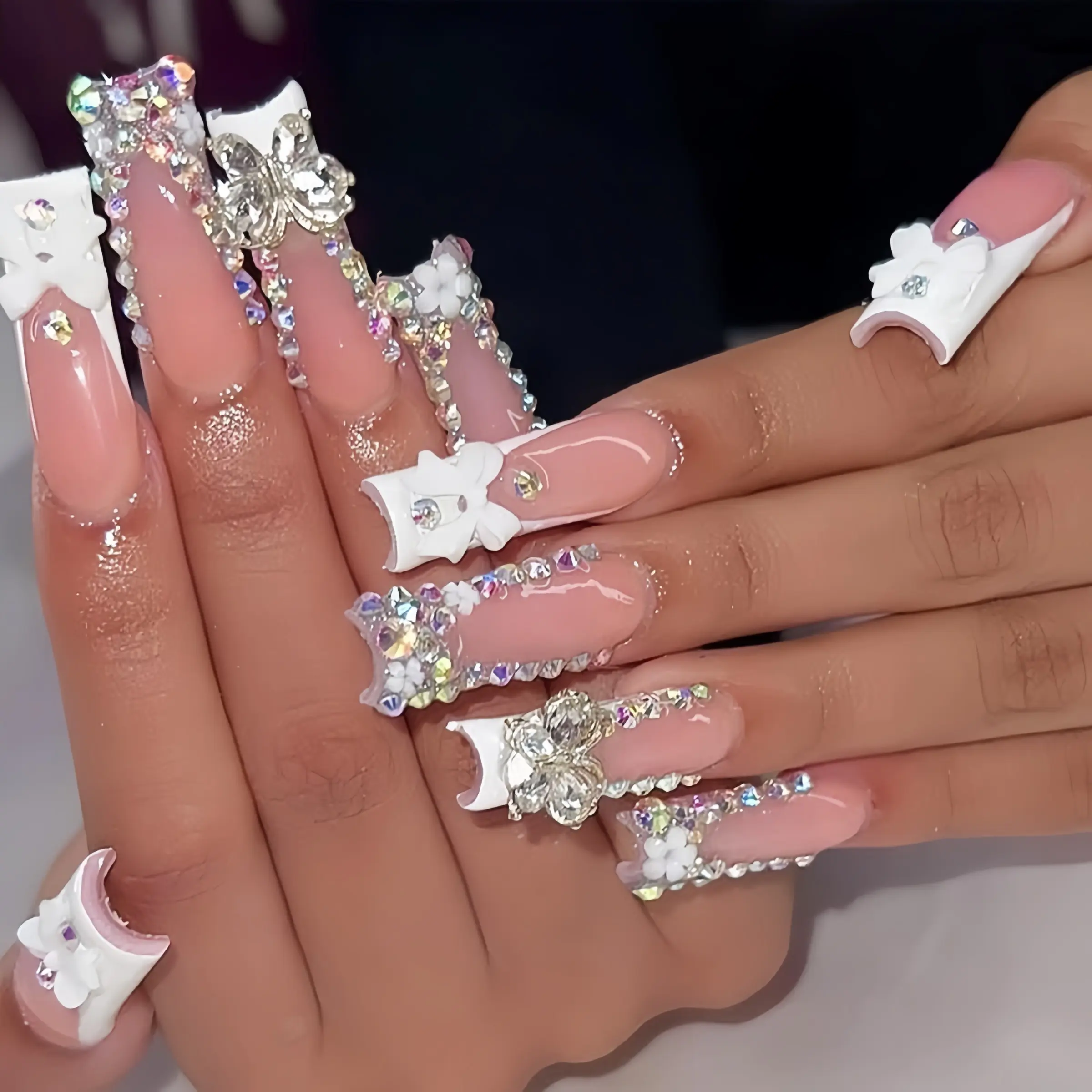 Long Square French Tip Press on Nails, Fake Nails, French Tips Nails, 3D Bow & Ab Bling, Fashionable Rhinestone Decorated, Salon Quality Reusable Acrylic Nail Kit, Perfect for Parties