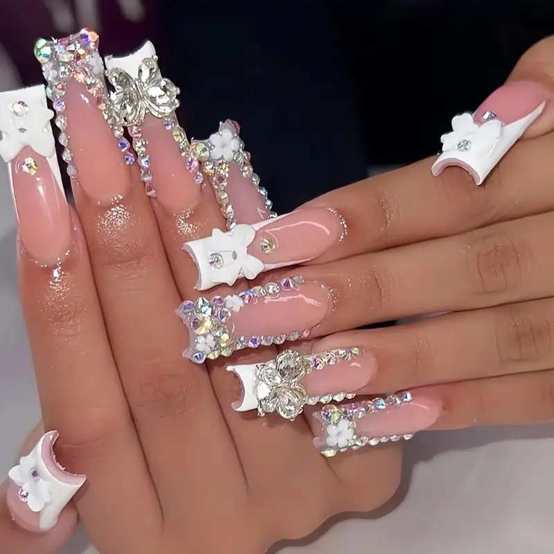 Long Square French Tip Press on Nails, Decorative Nails, Fake Nails, 3D Bow & Ab Bling, Fashionable Rhinestone Decorated, Salon Quality Reusable Acrylic Nail Kit, Perfect for Parties