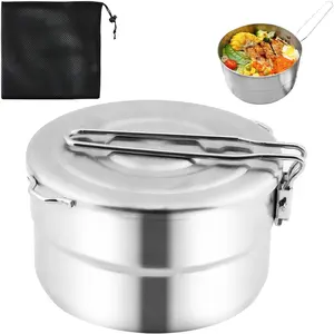 Stainless Steel Camping Cook Pot, 1.5L Camping Cookware with Lid and Folding Handle, Large Capacity Bento Pot for Outdoor Backpacking Campings Hiking Picnic