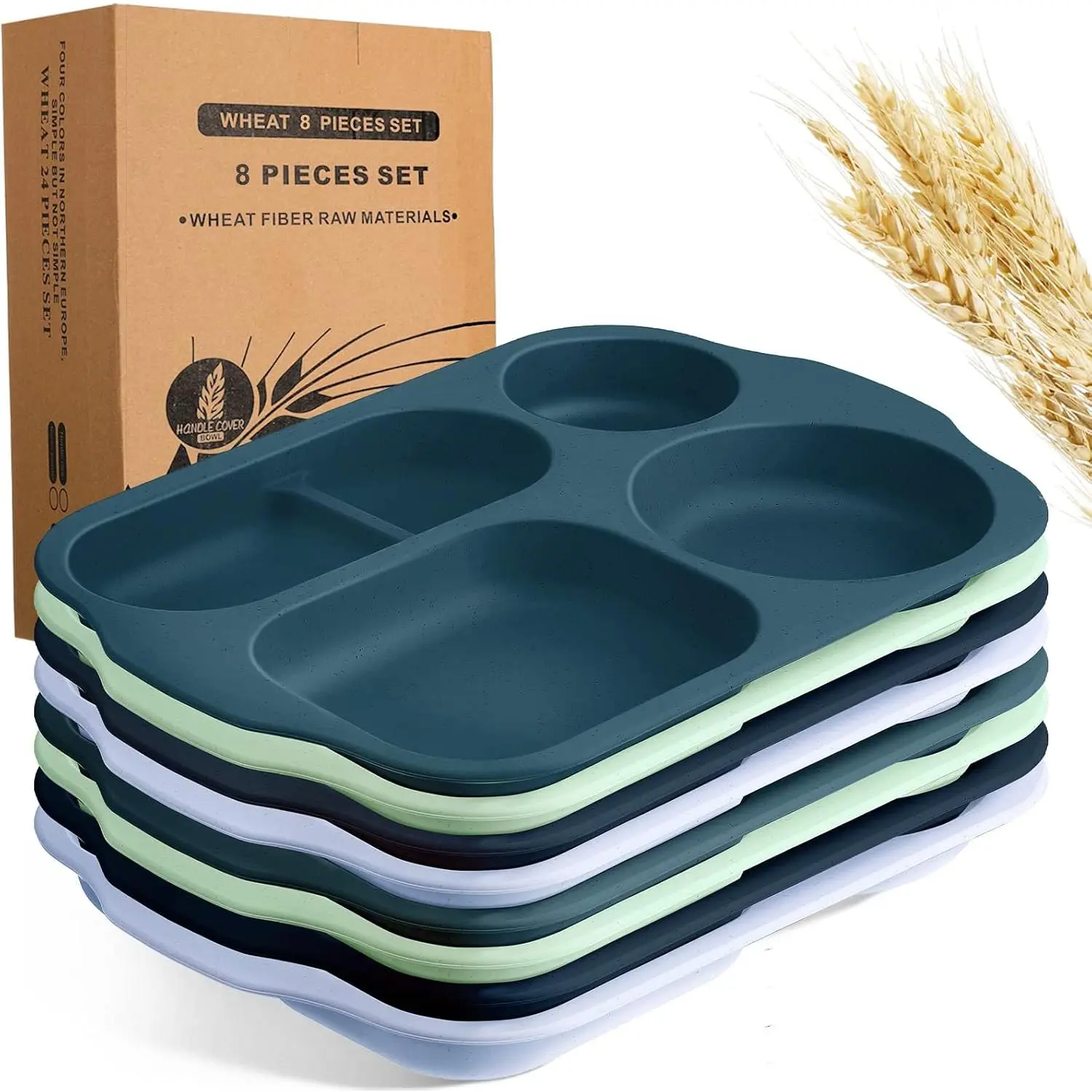 8 count 12 Inch Large Unbreakable Divided Plates for Adult Wheat Straw  Tray 5 Compartment  Portion Control Tray Wheat Straw Section Plates Microwave Dishwasher Safe(Multicolor)