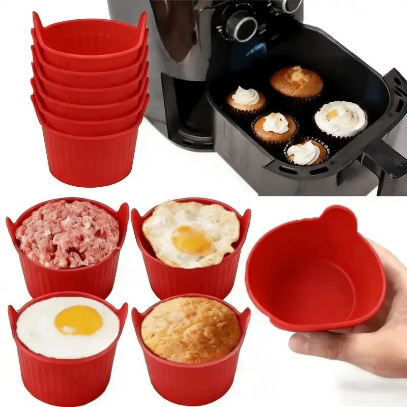 6-piece baking cupcake tray with air fryer-non-stick and food grade, very suitable for eggs, cupcakes, muffins, puddings, towers and custard-multifunctional kitchen accessories, suitable for healthy cooking, Silicone Muffin Cups