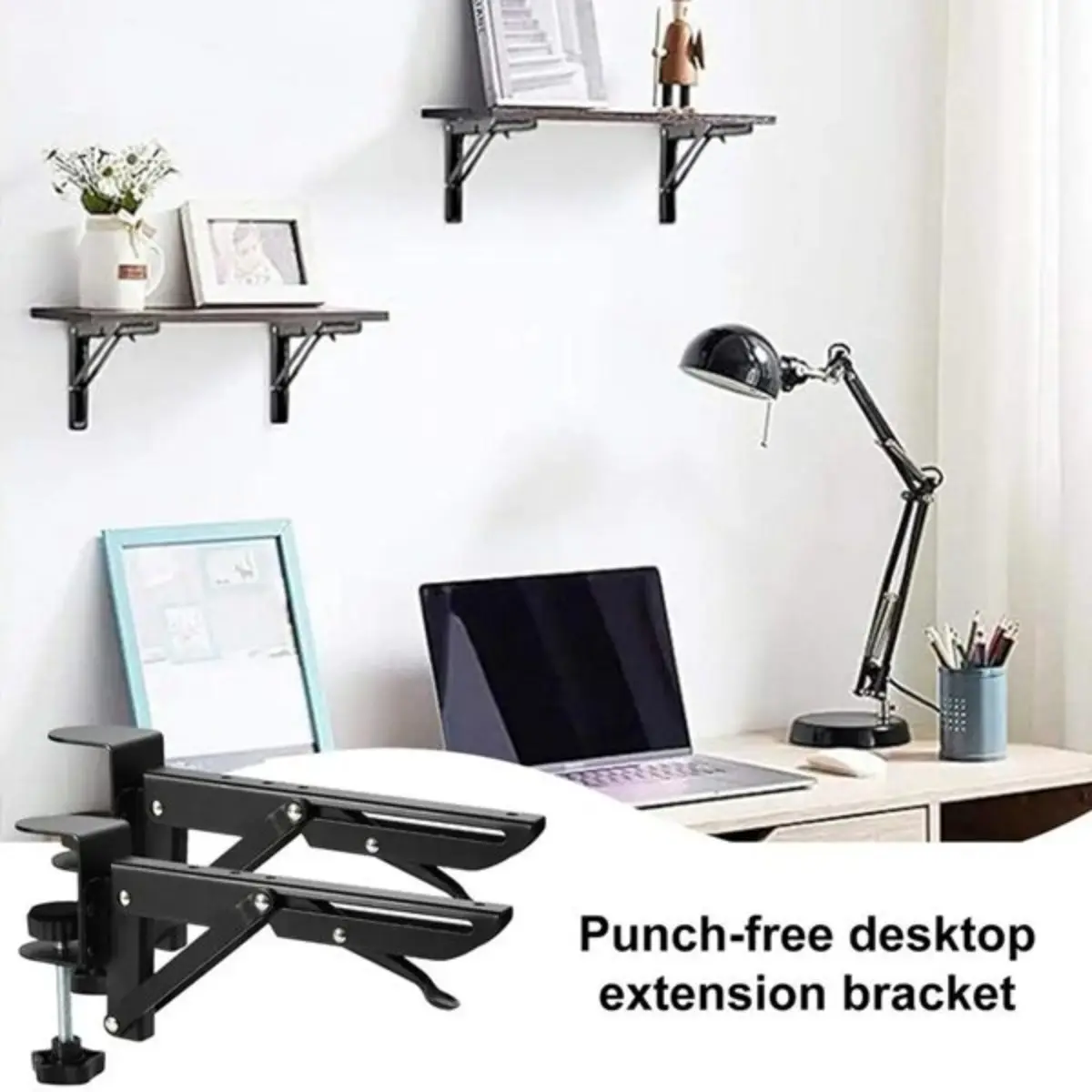 2-Pack Steel Foldable Desk Extension Brackets - Punch-Free, Adjustable Table Edge Supports with Easy Installation for Home Office Workspace Setup
