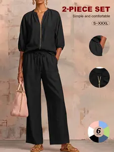Minimalist Textured Matching Suit, Front Zip Blouse, Loose-Fit Casual for All Seasons, Adult Women's Clothing Set，loungewear set ，Vintage Casual Co-ord Outfit, Soft comfy fabric, skin-friendly