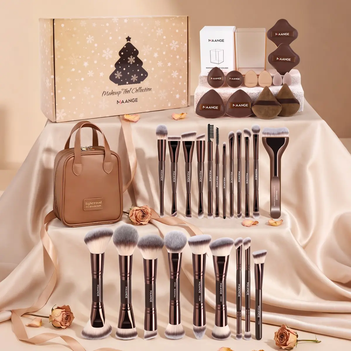 Professional Makeup Brush Set with 21 Cosmetic Brushes, 12 Puff Accessories, Storage Case, Handbag Gift Box, Perfect for Women and Girls