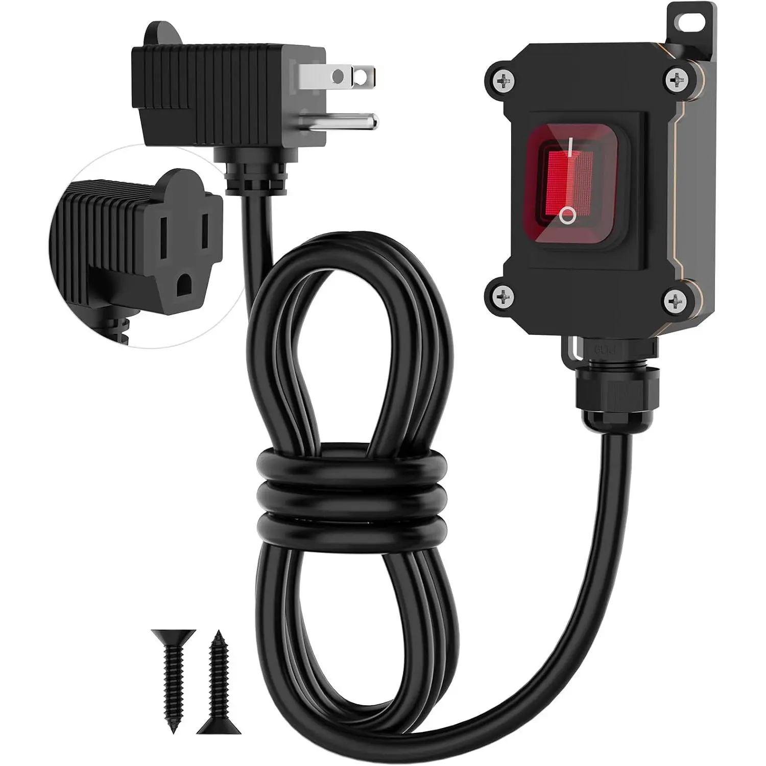 Inline Cord Switch with 4ft 18AWG, 3-Prong Cable Piggyback Plug Power Cord IP67 Waterproof Extension Cord with On/Off Outdoor Light Sturdy and Durable Switch 16A-250V 20A-125V
