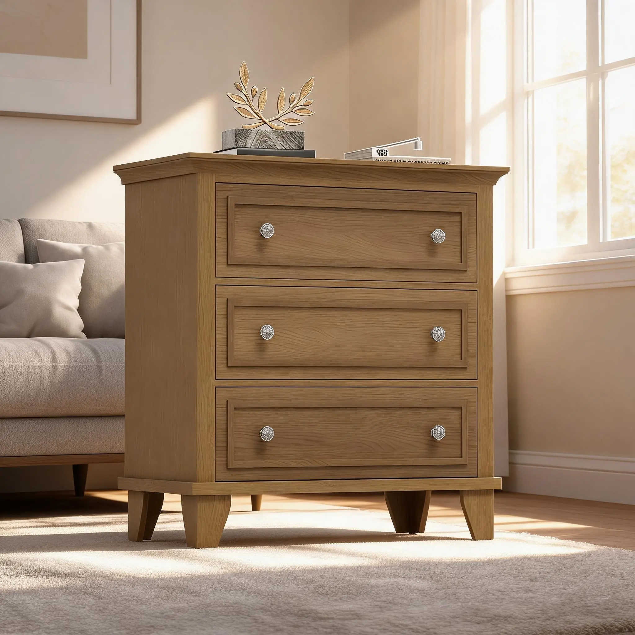 3-Drawer Modern Dresser – Wide Wood Chest with Vintage Handles – Versatile Bedside Storage Cabinet for Bedroom Organization