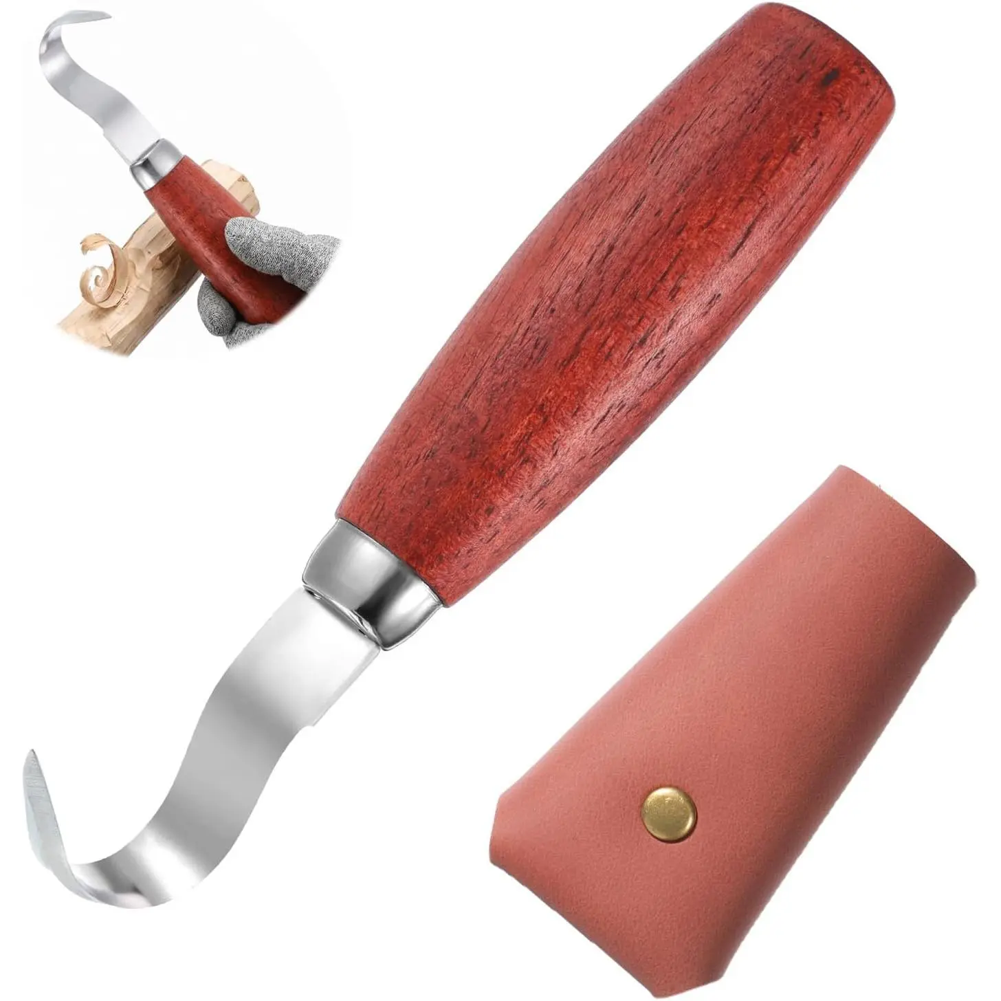 Wood Spoon Carving Hook Knife with Sheath, Stainless Crooked Knife for Carving, Cups, Ergonomic Walnut Handle Woodworking Whittling for Beginners