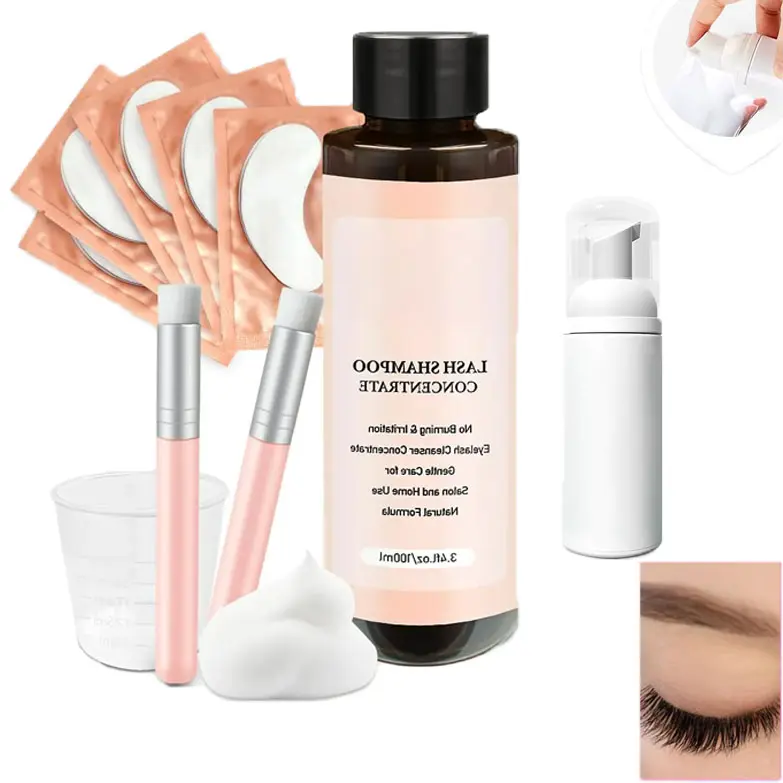 100ml Lash Shampoo Concentrate for Lash Extension, Oil-Free Eyelash Extension Cleanser Concentrate, Professional Lash Cleaning Kit with Cleaning Brush and Bottle for Daily Eyelash Deep Cleansing