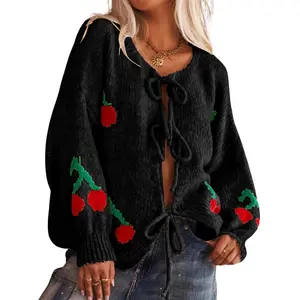 Chouyatou Women's Cute Y2K Cherry Tie Knot Cardigan Casual Loose Crewneck Chunky Knit Sweater Cardigan fall outfits Knitwear Womenswear Tops Comfort