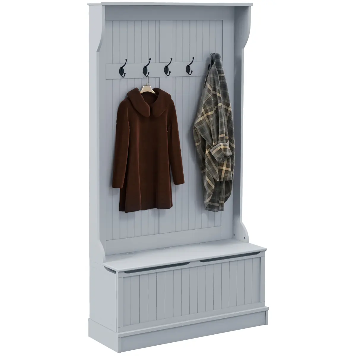 38" 3-In-1 Entryway Hall Tree with Storage Bench, Coat Rack with Four Hooks and Shoe Storage, Gray