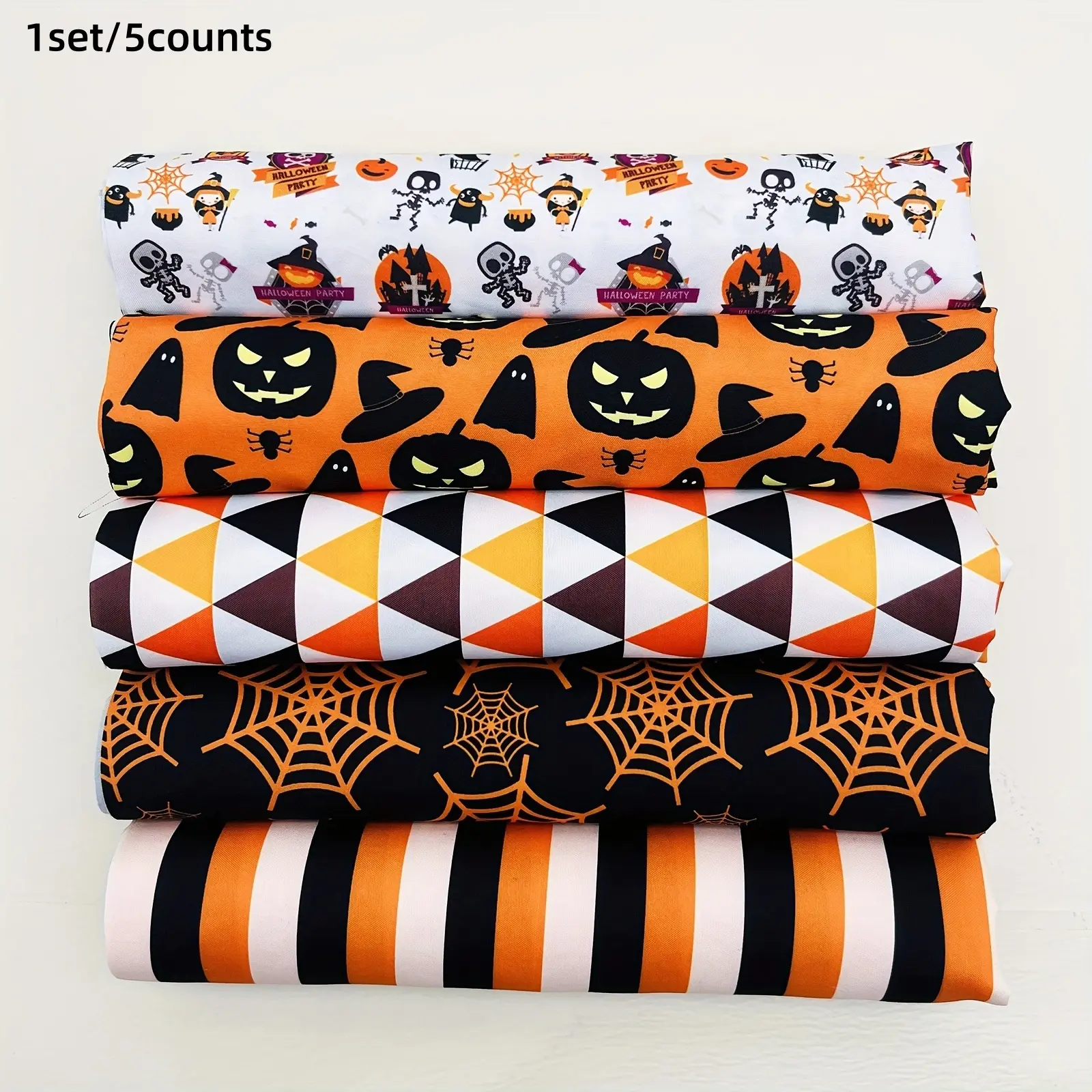 5-Piece Polyester Halloween Fabric Set, DIY Patchwork Ghost Pumpkin Spider Fabrics, Holiday Quilting Sewing Crafts, Handmade Halloween Decorations