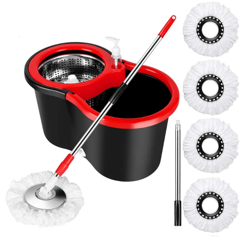Mop and Bucket Set, 360 °   Spin Mop and Bucket with Wringer Set and 4 Microfiber Mop Refills, Stainless Steel, Extended Handle Spinning Mop Bucket System for Floor Cleaning