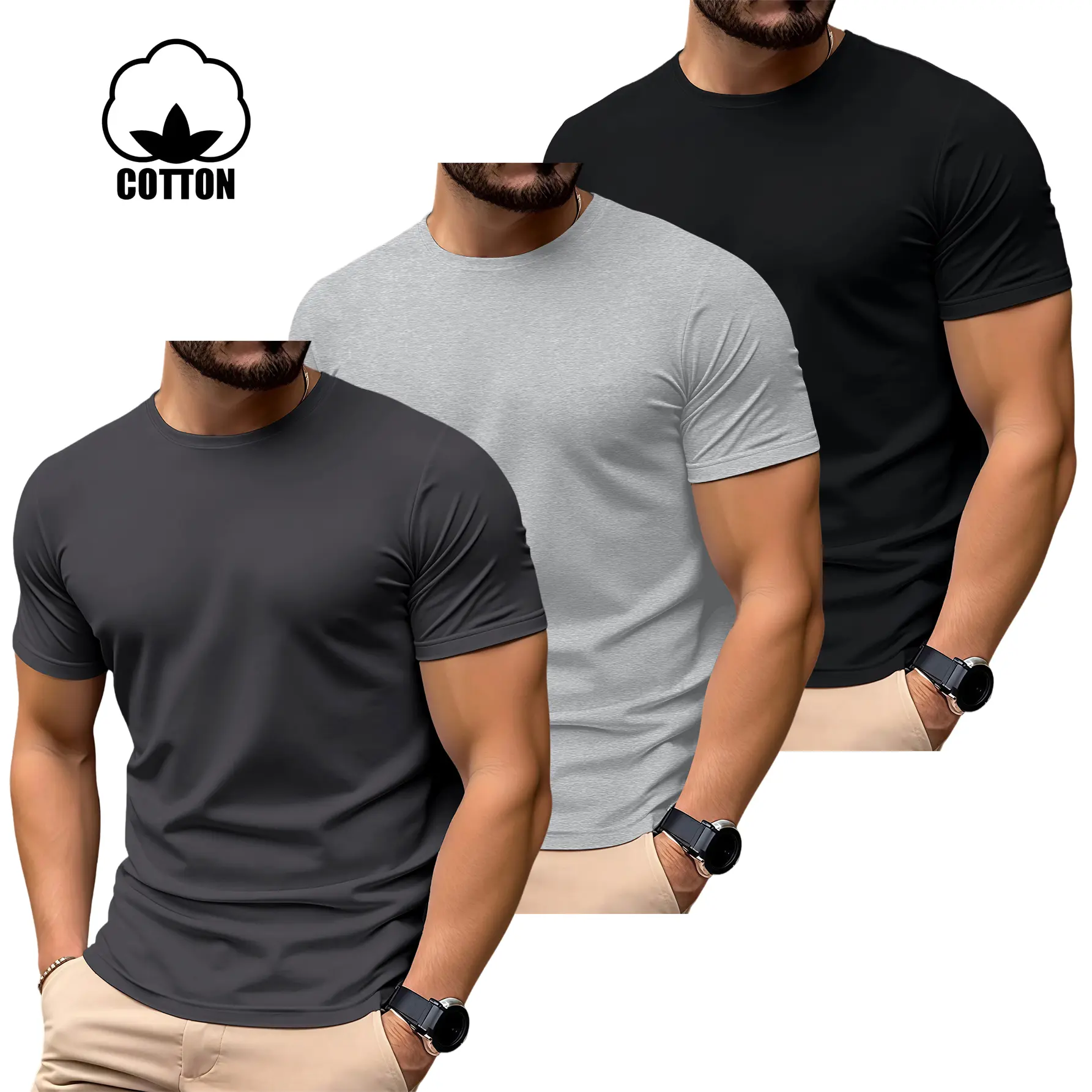3 Pack Men's Cotton Blend T-Shirt Soft Breathable Short Sleeve Crewneck Top Tees. Casual Regular Fit Muscle Athletic Undershirt Lightweight Comfy Summer Outfits. Solid Color Minimalist Streetwear Clothing Essential Basic Tee for Men Daily Wear Menswear