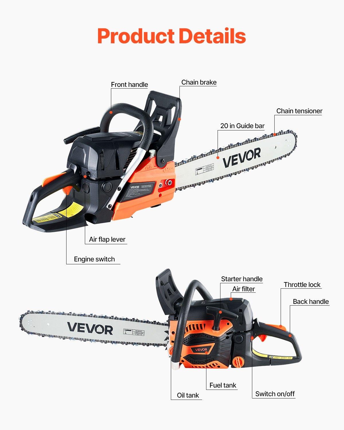 VEVOR 62 cc Gas Chainsaw, 20 inch Gas Powered Chainsaw, 3.8 HP Power Chain Saw with Non-Slip Handle, Gas-Powered Chainsaws with Dual Fuel Tanks, For Wood Cutting, Tree Trimming, and Land Clearing