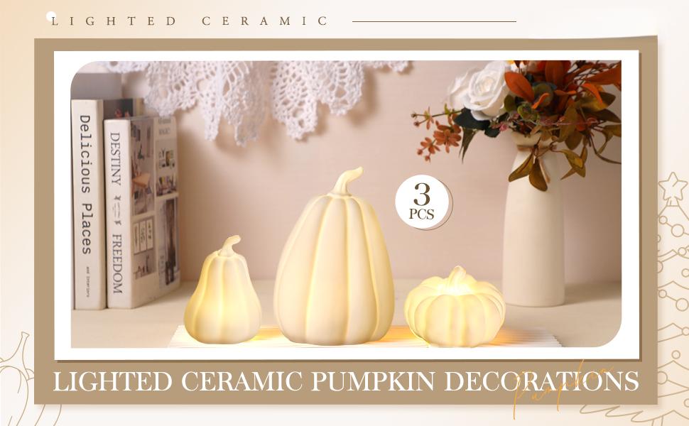 3 Pcs Lighted Ceramic Pumpkin Fall Decorations Autumn Table Centerpiece Porcelain White Pumpkin Figurines for Home Indoor Harvest Tabletop Halloween Thanksgiving Winter Decor